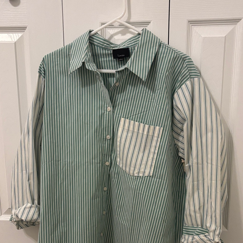 Lumiere Mint Green and White Striped Button-Down Shirt